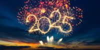 Happy New Year 2025 Happy New Year 2025. Beautiful creative holiday web banner or flyer with red fireworks and Golden sparkling number 2025 on blue sky over water